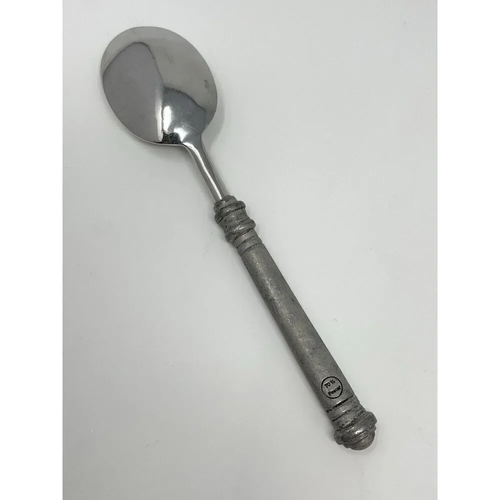 Pottery Barn 70% PEWTER Banded Handle & Stainless Place Dinner Soup Spoon 8 3/8”